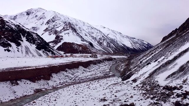 Snow covered Andes mountains near Uspallata, in Mendoza, Argentina. Aerial view.