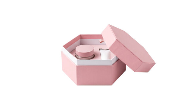 Pink hexagonal gift box with cosmetic jar, luxury skincare packaging set, elegant beauty product presentation box isolated PNG with Transparent Background