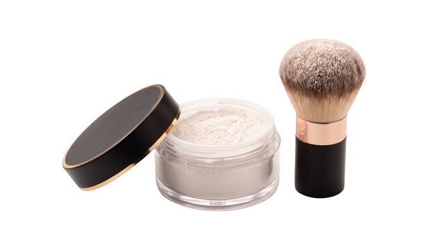 Mineral loose powder in glass jar with kabuki brush. Professional face makeup powder for skin finish. Cosmetic beauty product set. isolated PNG with Transparent Background