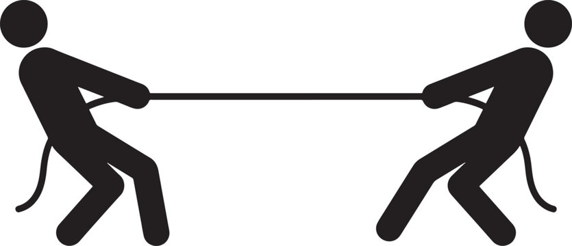 Two black stick figures pulling a rope in opposite directions, depicting a tug of war game symbol also transparent background