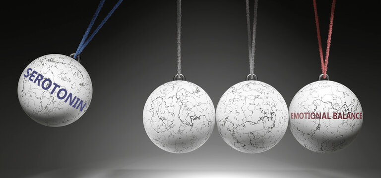 Serotonin and Emotional Balance - cause and effect relationship. A Newton cradle metaphor showing how serotonin results in emotional balance. It initiates emotional balance. ,3d illustration
