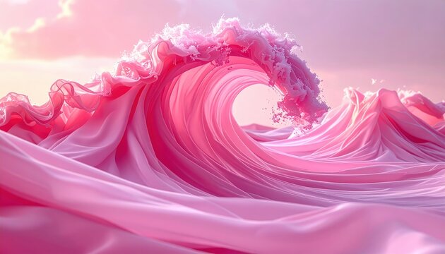 A pink ocean wave made of silk fabric, surreal summer background