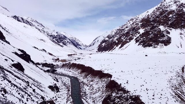 Mendoza river running across snow covered Andes mountains in Mendoza, Argentina. Aerial view.