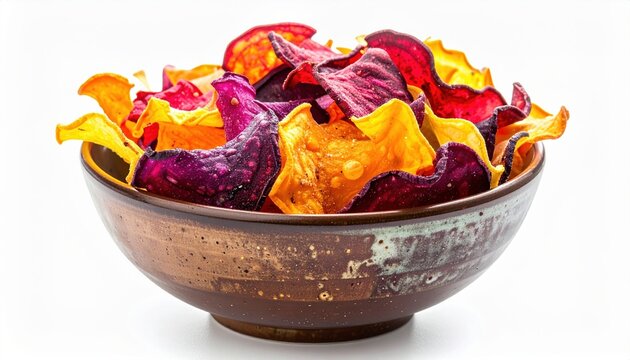 Bowl of colorful healthy vegetable chips isolated on white background
