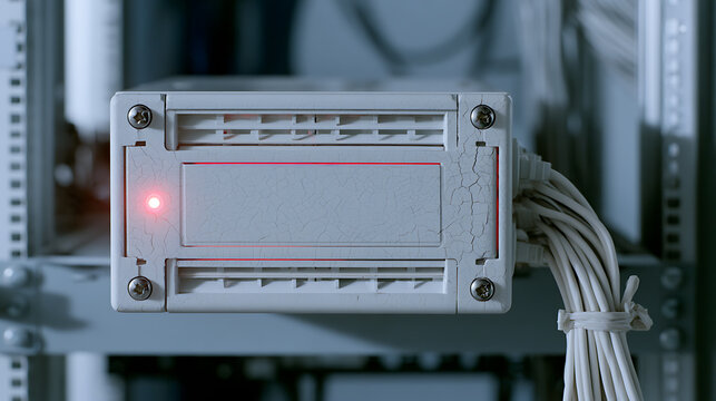 Server rack with network equipment and fiber optic cables in modern data center room showing technology hardware operation and hardware link