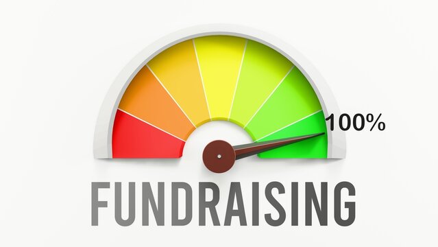 Fundraising meter showing high values of fundraising. Increasing and rising fundraising, reaching full, off the charts. Max fundraising. No AI, made by humans for humans. ,3d illustration