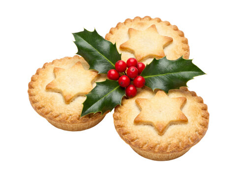 Three mince pies with holly isolated on transparent background