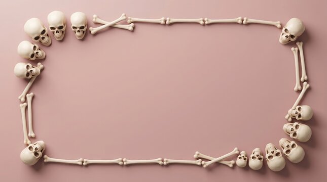 A rectangular frame made of small human skulls and bones arranged on a solid light pink background for a creative halloween holiday design concept layout