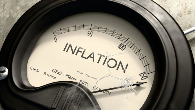 Inflation meter showing high levels of inflation. Dangerously increasing values of inflation, critical overload. Too much, off the charts. Max inflation ,3d illustration