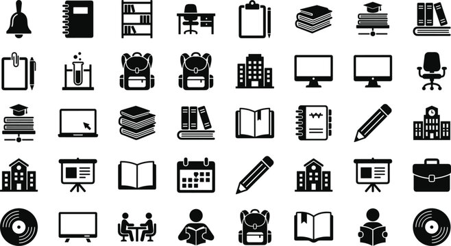School and university education silhouette icons mega set including books backpacks stationery computers and campus buildings