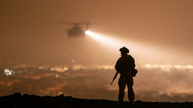 A silhouette of a soldier in combat gear watch a military helicopter shine a searchlight over a city landscape during a dark night