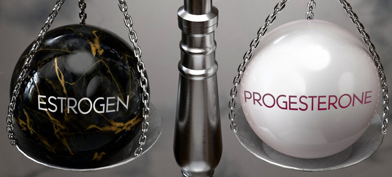 Estrogen or Progesterone - weighing two choices, available options. Choosing between estrogen or progesterone. Two different course of actions. ,3d illustration