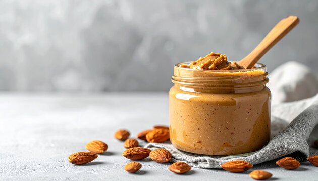 Glass jar with almond butter and wooden spoon on light gray background, creamy nut spread, healthy breakfast concept
