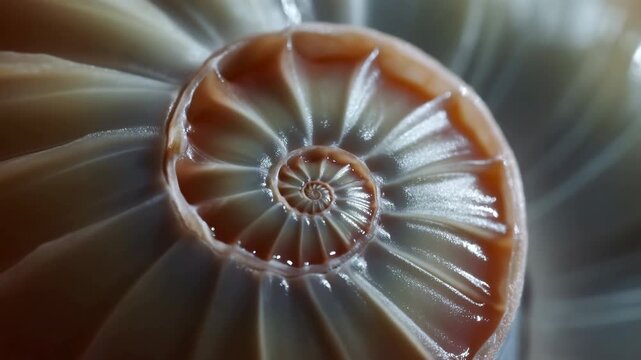 Glossy spiral shell slowly enlarges in macro view as curved ridges sweep from a tightly coiled center, with warm brown tones and cool highlights forming an abstract composition