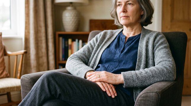 Mature woman with gray hair sitting in armchair looking thoughtful indoors