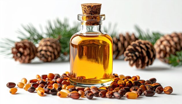 Bottle of pine nut oil with pine nuts arranged around, isolated on white background, luxury cooking oil concept