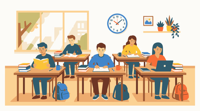 Students studying at desks in a school classroom vector illustration