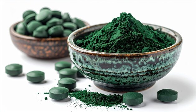 Spirulina algae powder in ceramic bowl with green tablets, isolated on white background, healthy superfood concept