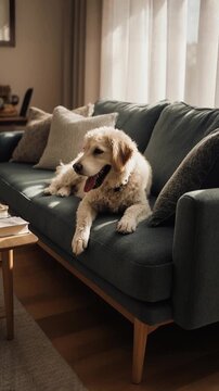 Pet cute funny purebred dog lying on soft sofa in cozy living room interior house home AI Generative