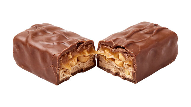 Snickers bar broken in half isolated on transparent background