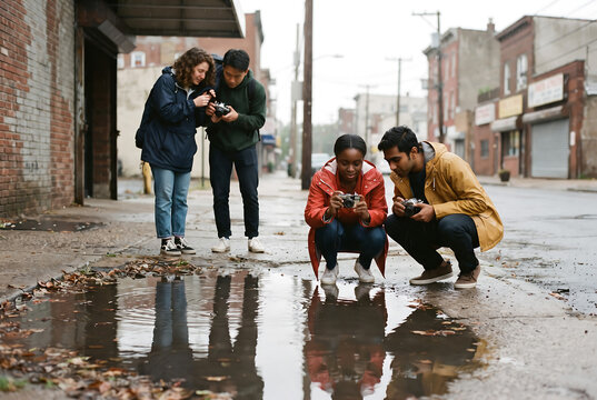 A diverse group of young photographers explores an urban street after rain, using cameras to capture reflections in a large puddle.