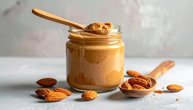 Glass jar with almond butter and wooden spoon on light gray background, creamy nut spread, healthy breakfast concept