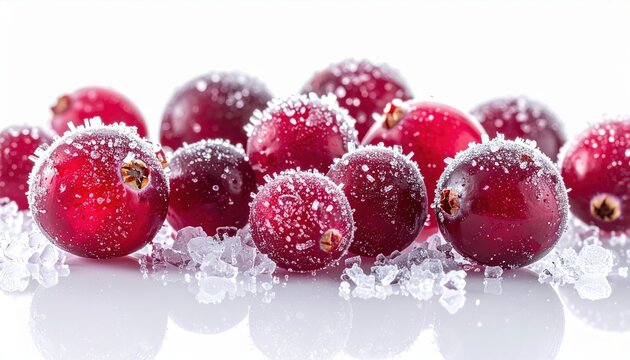 Frozen cranberries with sparkling ice crystals, isolated on white background
