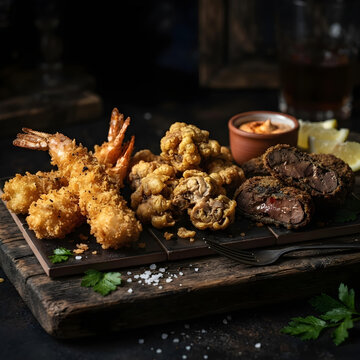 Background of fried shrimps, beef brain, beef liver slices deep fried in oil and served