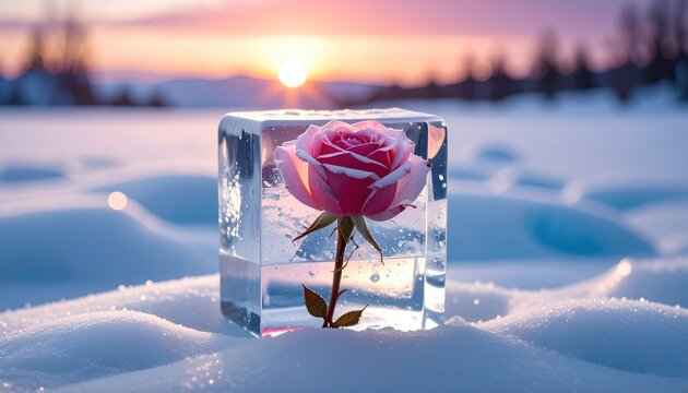 A crystal rose frozen inside ice, winter romance concept