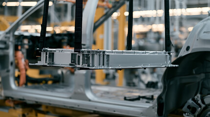 Fototapeta premium Electric vehicle battery pack installation process in modern automobile manufacturing factory production line assembly industrial facility indoor scene