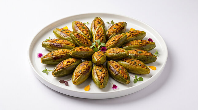 Traditional Potoler Dorma (stuffed pointed gourd) arranged geometrically on a white porcelain dish, white background