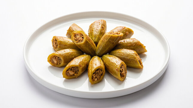 Traditional Potoler Dorma (stuffed pointed gourd) arranged geometrically on a white porcelain dish, white background