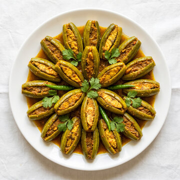 Traditional Potoler Dorma (stuffed pointed gourd) arranged geometrically on a white porcelain dish, white background