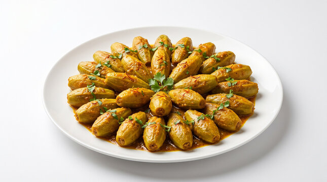 Traditional Potoler Dorma (stuffed pointed gourd) arranged geometrically on a white porcelain dish, white background