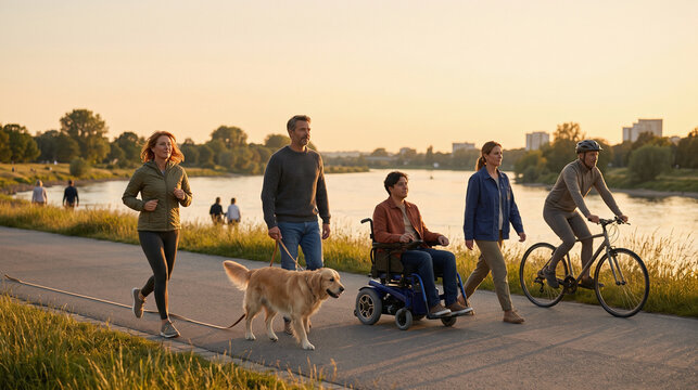 Neighbors walk a sunset riverside route to stay active and well