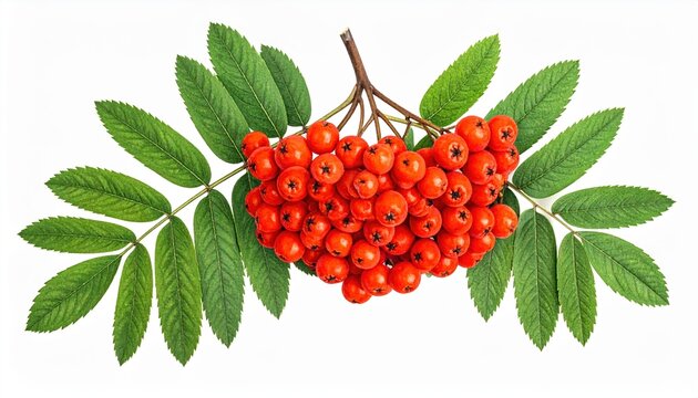 Ripe bunch of rowan berries with green leaves isolated on white background, botanical stock photography