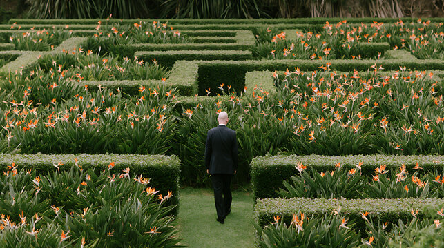 A man in formal suit walk through complex green hedge maze garden labyrinth with vibrant orange bird of paradise flower Strelitzia reginae