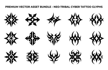 Obraz premium Set of fifteen black tribal tattoo designs featuring sharp geometric shapes and symmetrical patterns on a white background