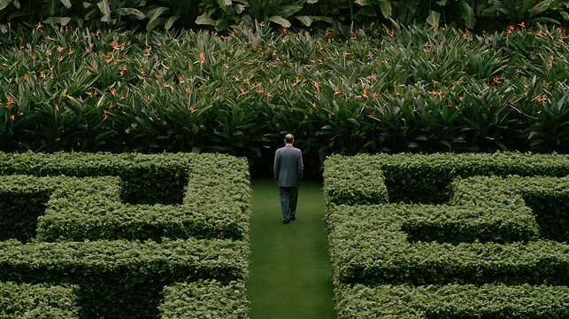 A businessman walk inside a giant green maze garden puzzle labyrinth outdoor hedge mystery solution challenge path future decision corporate life