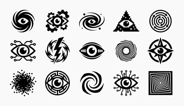 Futuristic Cyber Eye and Vortex Symbols Vector Set, All Seeing Eye Matrix Circuit and Optical Illusion Glyphs