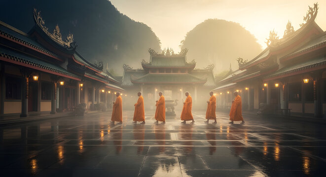 Monks walking in a temple courtyard with ornate architecture and sunlight