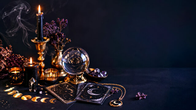 Mystical Halloween Altar with Crystal Ball, Tarot Cards, Candles and Moon Phases with Copy Space