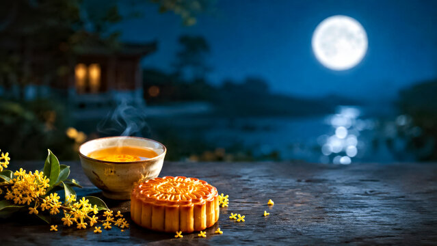 Mid-Autumn Festival Mooncake with Osmanthus Tea and Full Moon in Traditional Chinese Night Setting