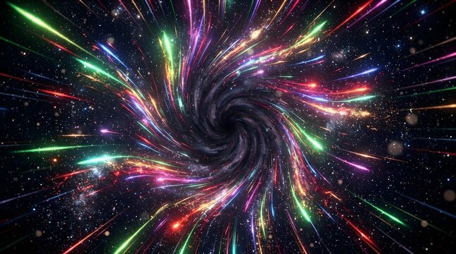 Colorful cosmic explosion with swirling nebula and stardust against a dark space background