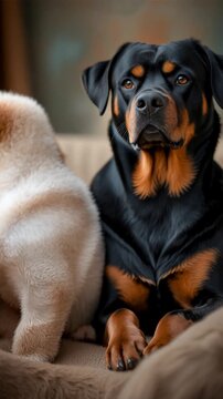 Two purebred dogs sit on sofa posing, adult rottweiler and fluffy white puppy friends AI Generative