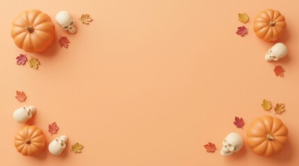 Fototapeta premium Halloween Pumpkin and Skull Border with Autumn Leaves and Copy Space