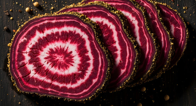 Close up of sliced beetroots with concentric rings and seasoning
