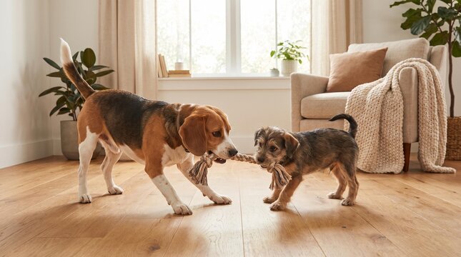 Beagle and small mixed-breed puppy play tug-of-war with a rope toy in a bright living room with plants and a cozy sofa in the background