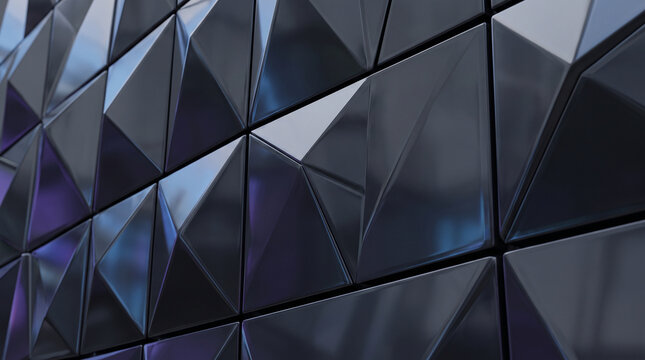 Abstract dark geometric wall surface with faceted triangular panels reflecting light with shiny triangular facets textured wall composed soft blue purple