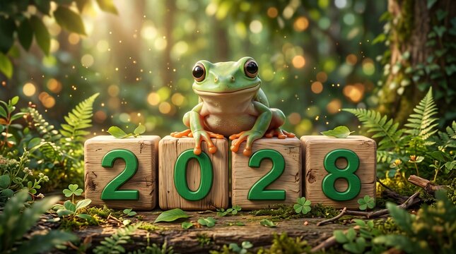 Leap day, one extra day, Leap year 29 February 2028 greeting card. Cute Green Frog Posing with 2028 Numbers